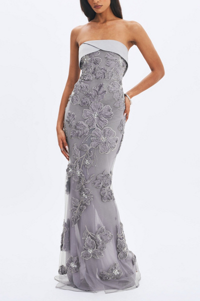 Miss Circle Raphaela Beaded Floral Strapless Mermaid Maxi Dress
