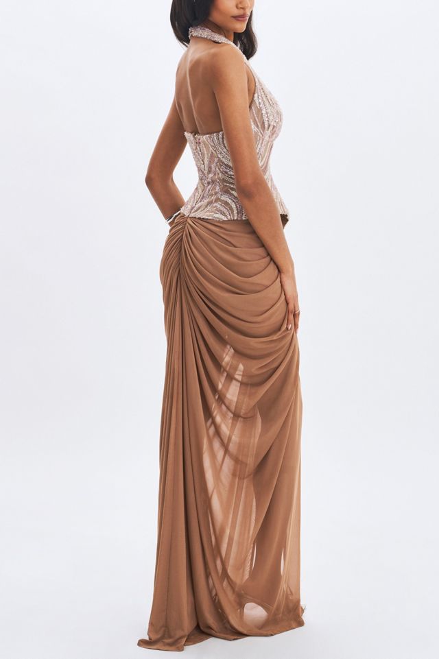 Miss Circle Nancie Beaded Halter Peplum Pleated Maxi Dress #3