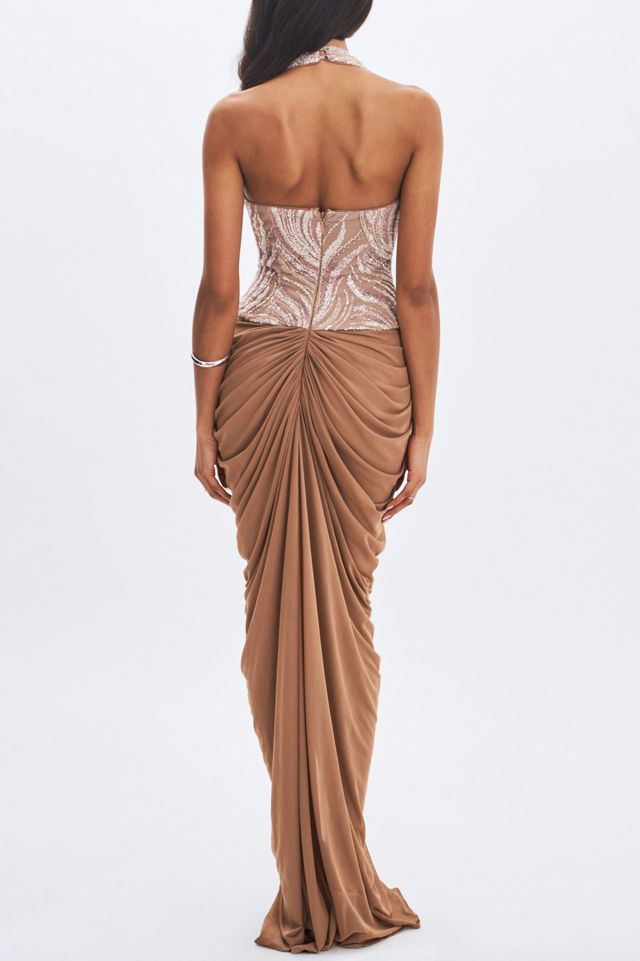 Miss Circle Nancie Beaded Halter Peplum Pleated Maxi Dress #4