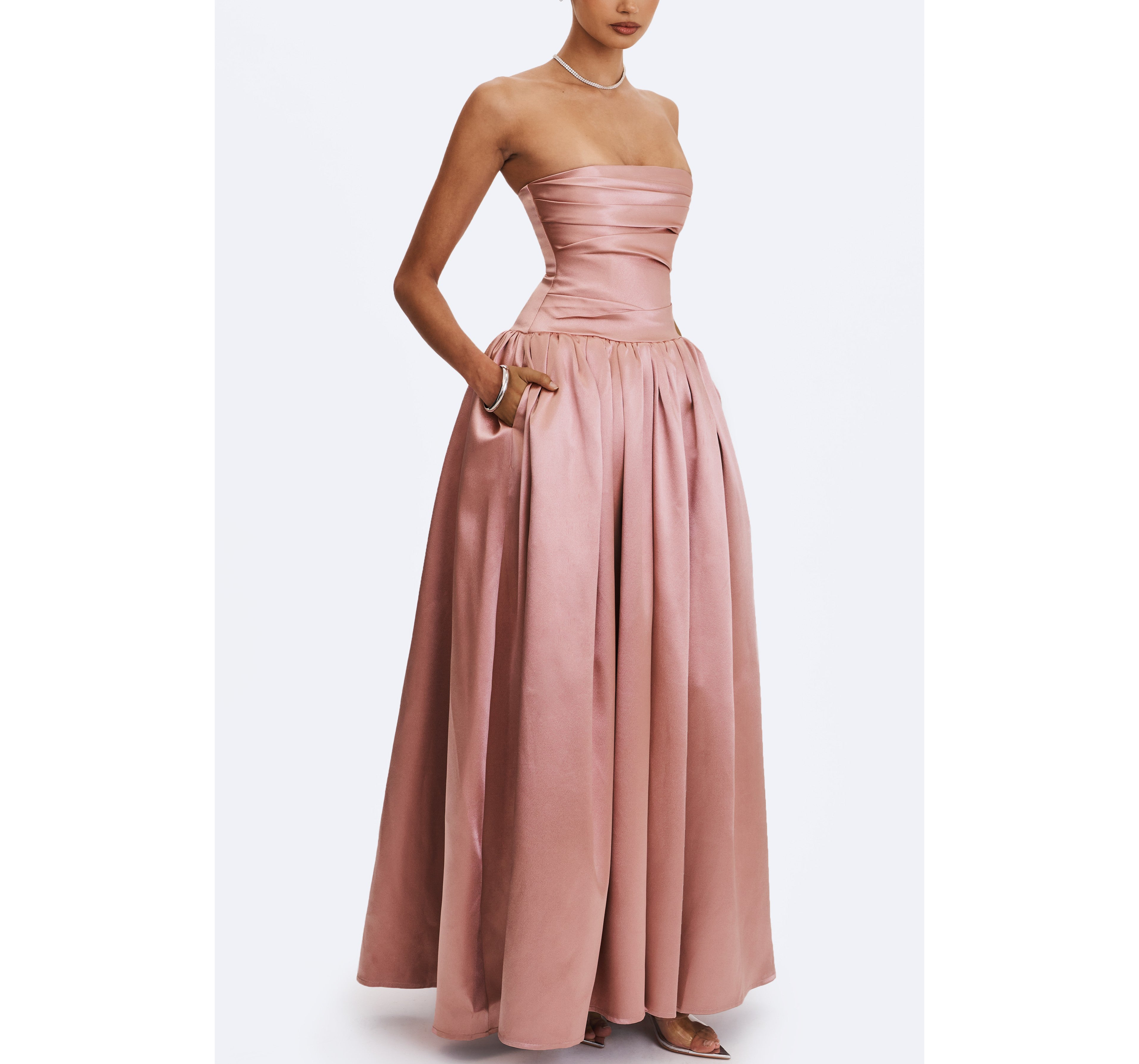 Miss Circle Willette Satin Strapless Gathered Maxi Dress