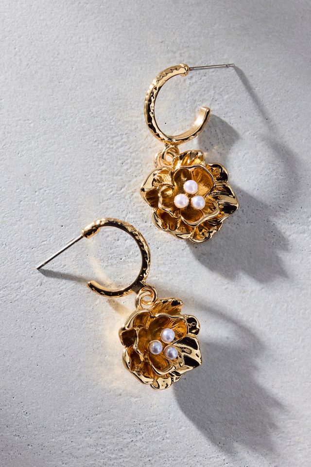 Pearl Floral Charm Hoop Earrings #1