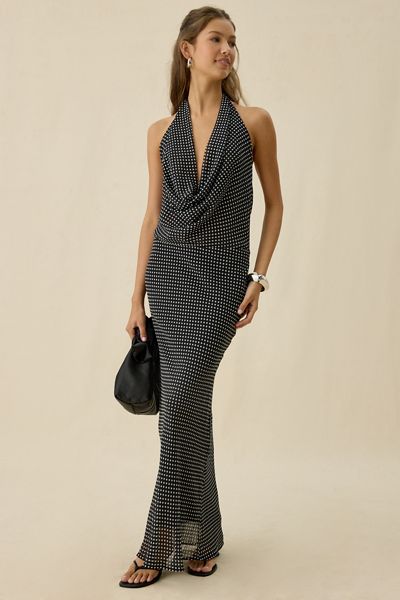 Kiss The Sky Sirena Plunging Cowl Neck Polka Dot Maxi Dress