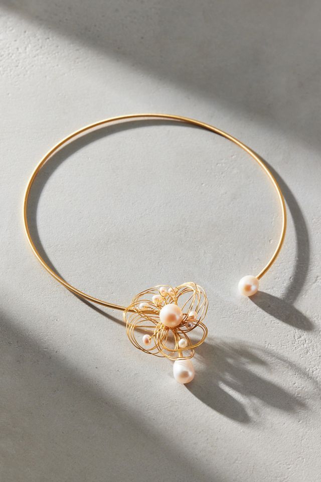 Pearl Flower Wire Choker Necklace #2