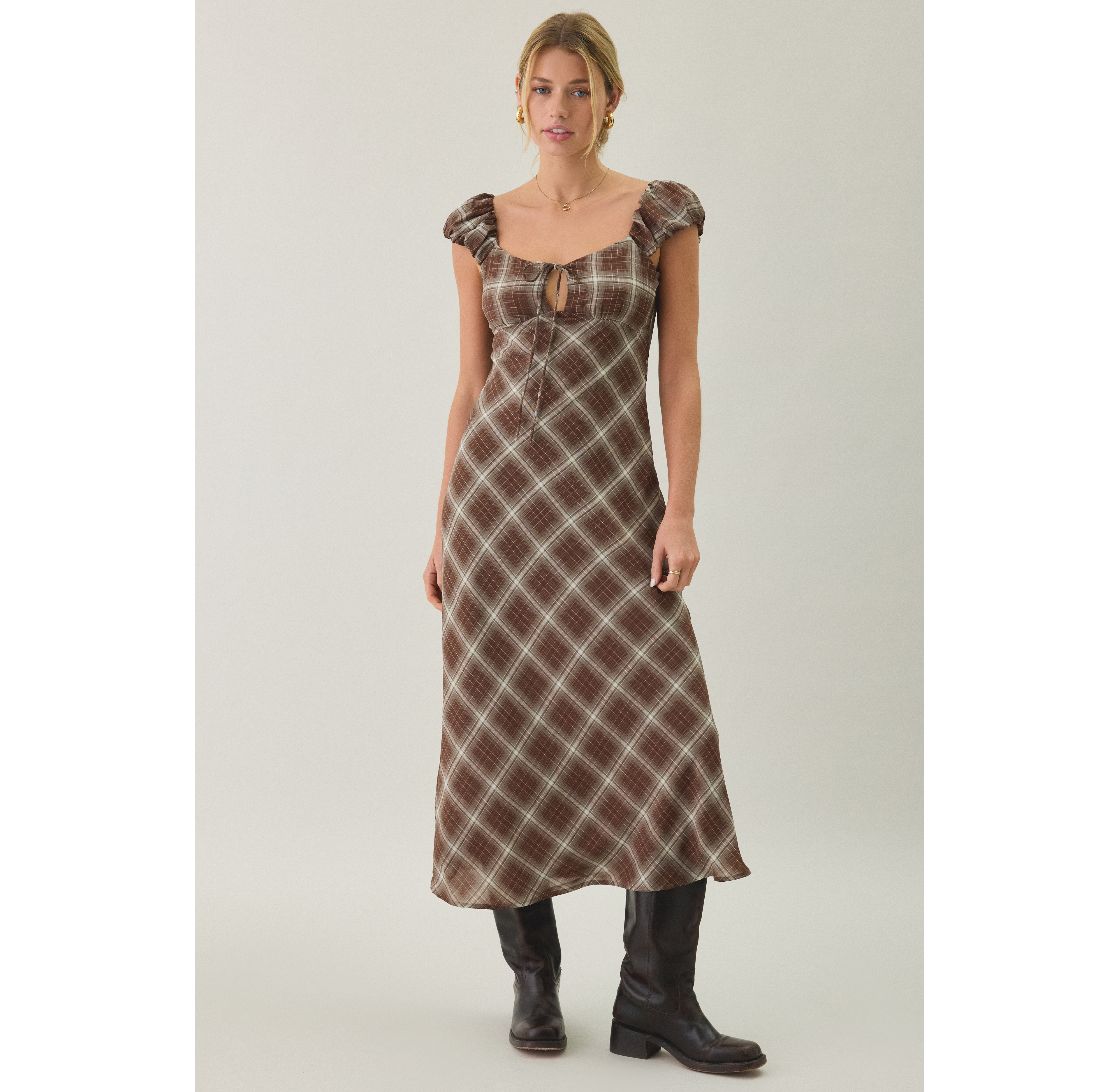 Kiss The Sky Amelia Puff Sleeve Plaid Midi Dress