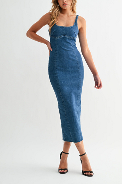 Jemina Denim Jemina Seamed Denim Dress in Blue, Women’s at Urban Outfitters