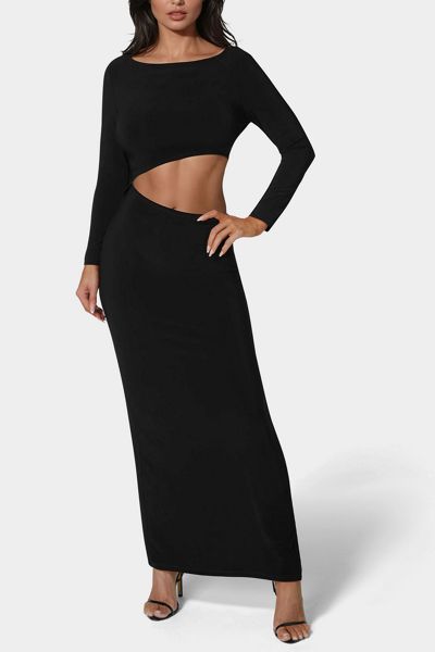 Bebe Asymmetrical Cut Out Long Sleeve Maxi Dress