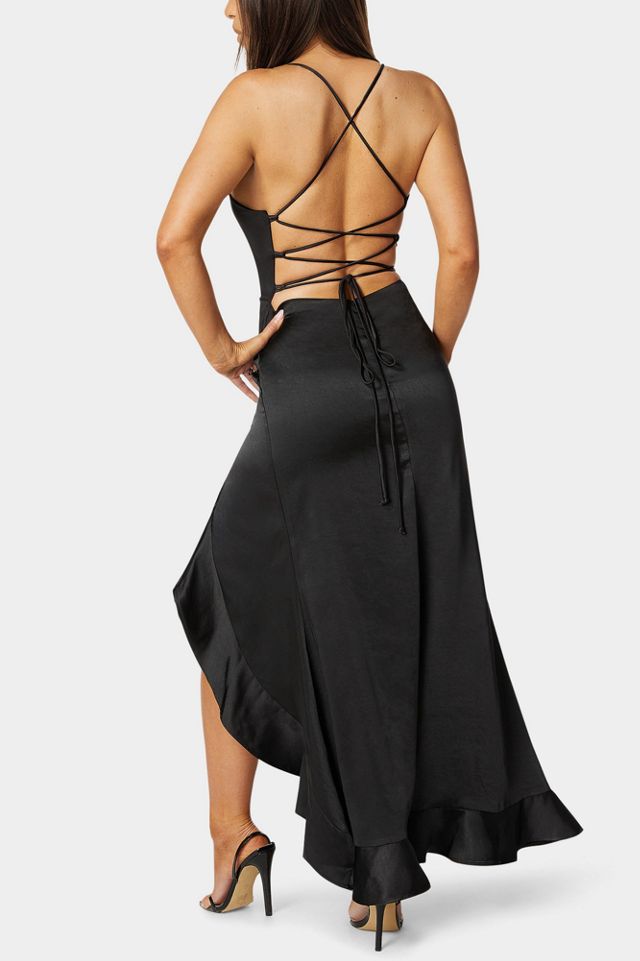 Bebe Satin Ruffle Maxi Lace Up Back Dress #2