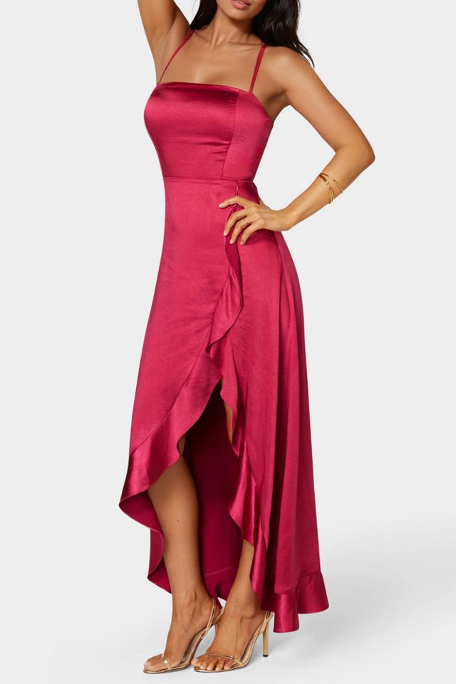Bebe Satin Ruffle Maxi Lace Up Back Dress #1