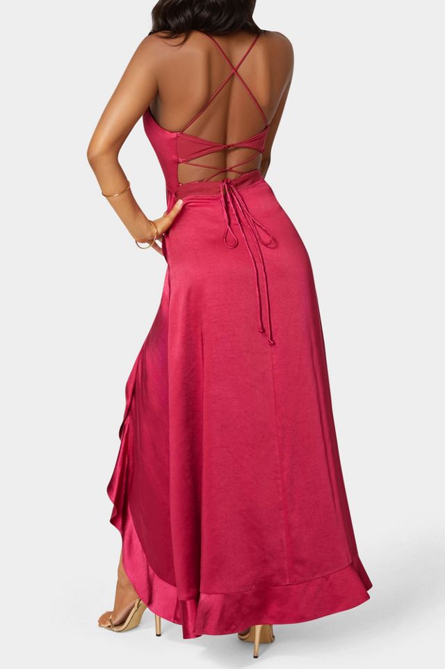 Bebe Satin Ruffle Maxi Lace Up Back Dress #2