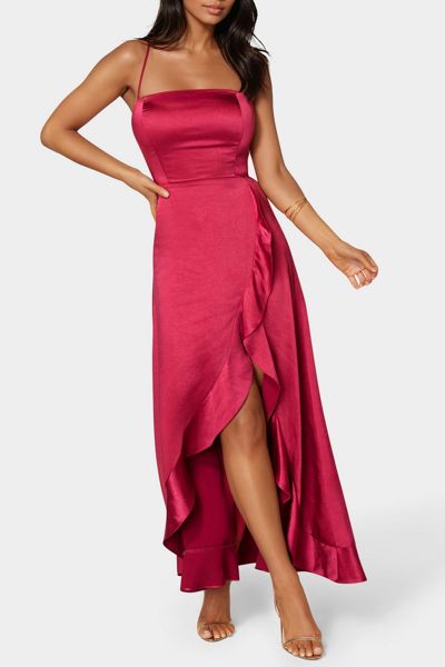 Bebe Satin Ruffle Maxi Lace Up Back Dress