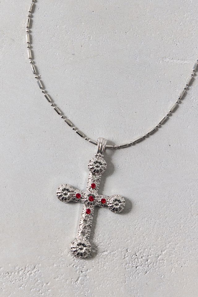Gem Inset Cross Pendant Necklace #1
