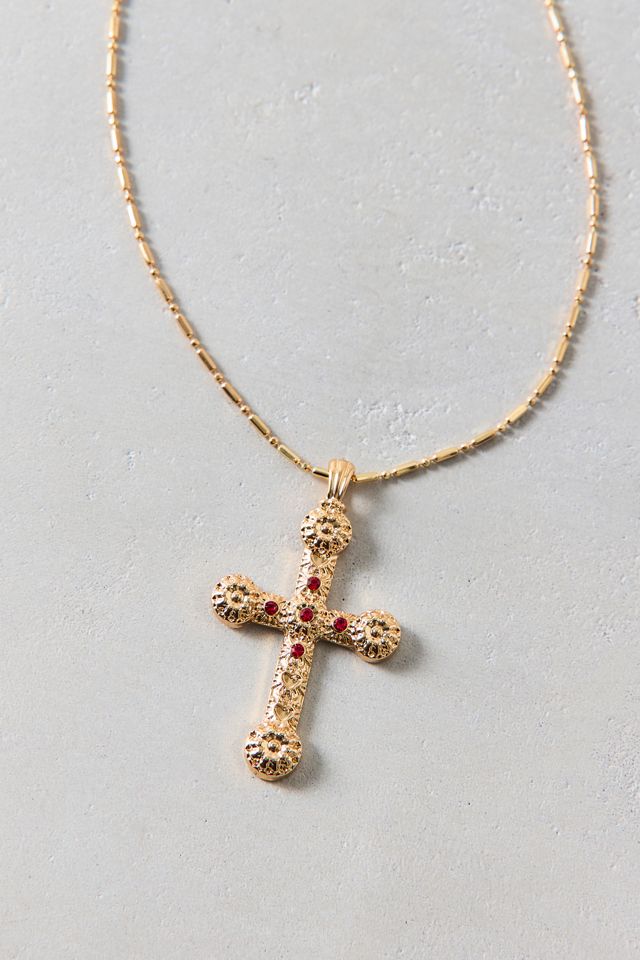 Gem Inset Cross Pendant Necklace #1