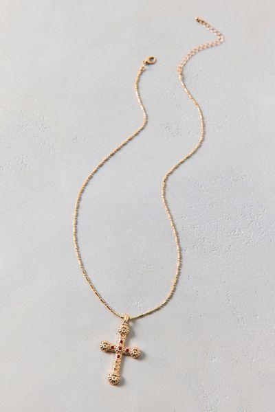 Gem Inset Cross Pendant Necklace