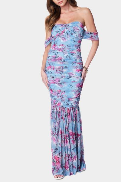 Bebe Off Shoulder Ruched Floral Mesh Gown