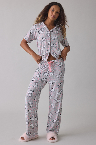 Snoopy Pastel Cheetah Print Notch Collar Short Sleeve Top + Pants