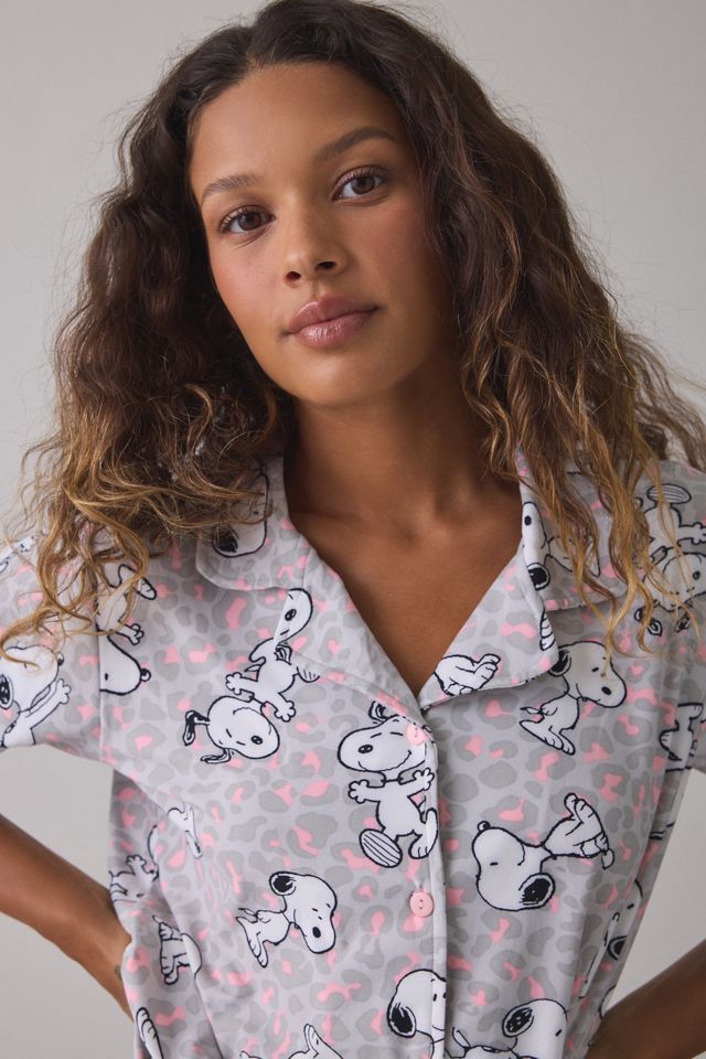 Snoopy Pastel Cheetah Print Notch Collar Short Sleeve Top + Pants 2-Piece PJ Set #1