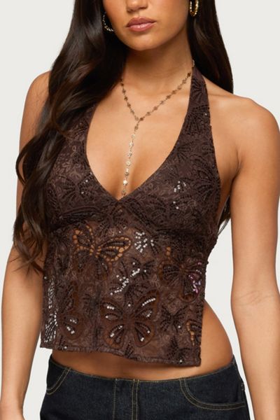 Edikted Butterfly Sequin Backless Halter Top