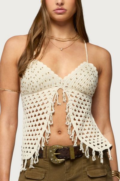 Edikted Maggie Bead Split Front Backless Crochet Top