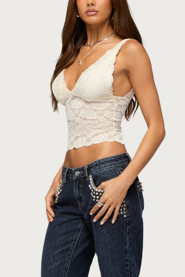 Edikted Vanya Sheer Lace V Neck Top #3
