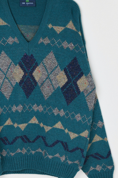 Vintage 90s Teal Argyle V-Neck Sweater