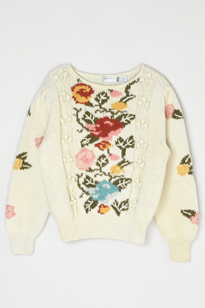 Vintage 90s Textured Knit Sweater with Flowers | Urban Outfitters