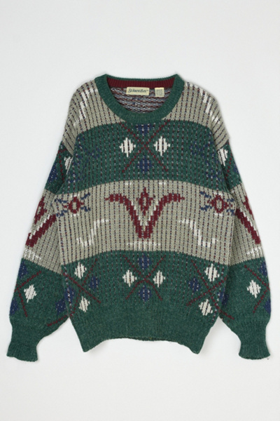 Vintage 90s Beige & Green Patterned Knit Sweater