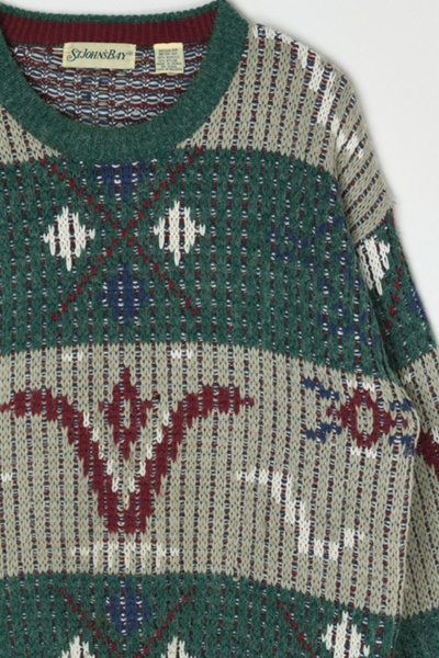Vintage 90s Beige & Green Patterned Knit Sweater
