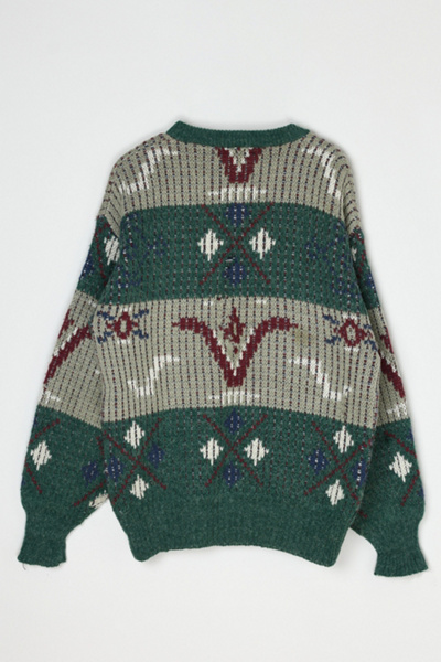 Vintage 90s Beige & Green Patterned Knit Sweater