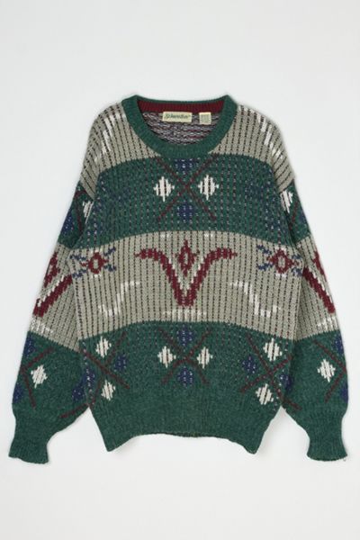 Vintage 90s Beige & Green Patterned Knit Sweater
