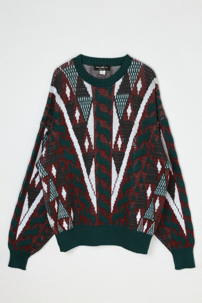 Vintage 90s Dark Green & Red Patterned Knit Sweater