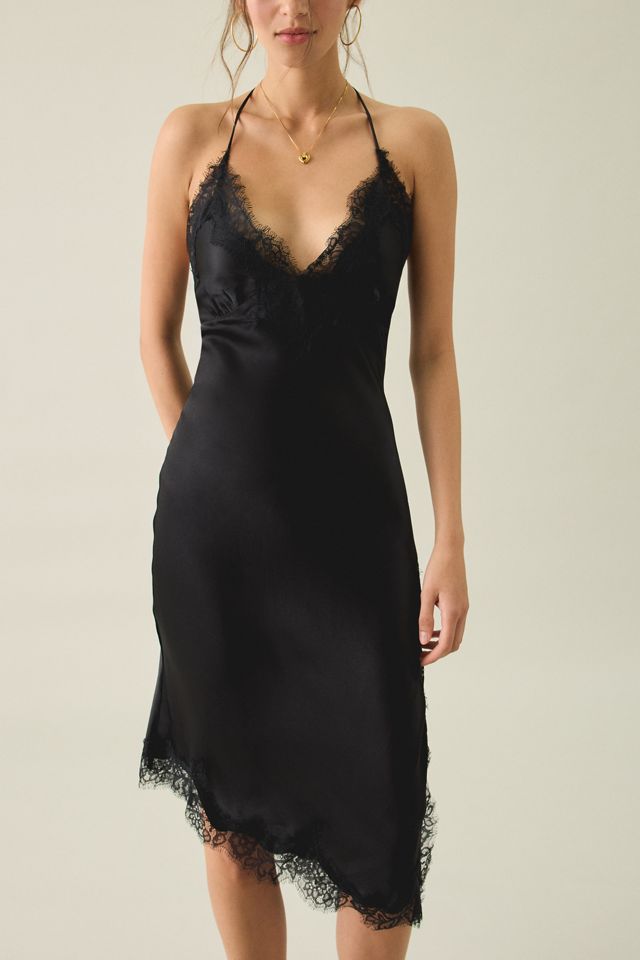 Bardot Silvio Halter Asymmetric Lace Trim Slip Midi Dress #4