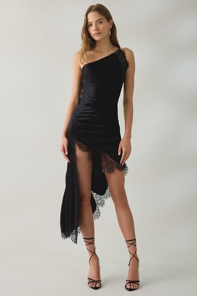 Bardot Rayner Asymmetric One-Shoulder Lace Trim Satin Mini Dress