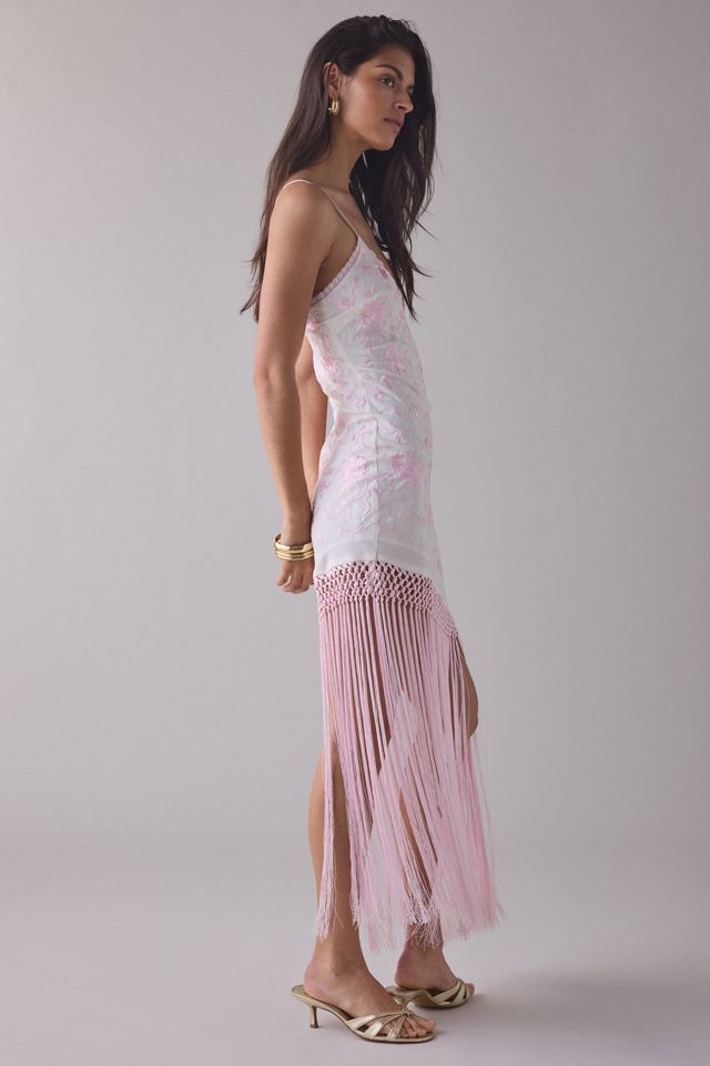 LoveShackFancy Evalette Floral Jacquard Asymmetric Fringe Maxi Dress |  Urban Outfitters