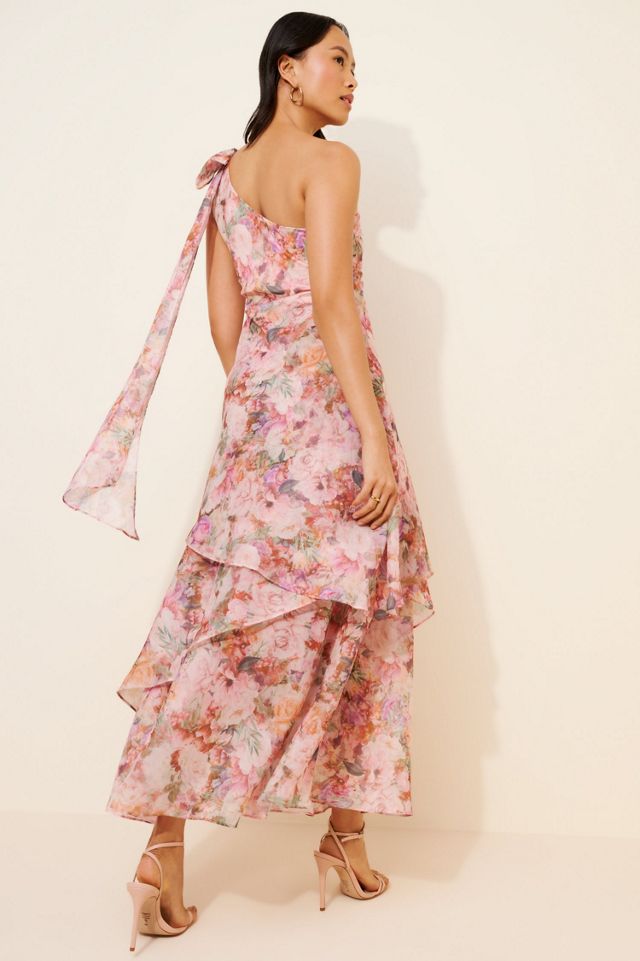 amren floral one shoulder tiered asymmetric dress Amren One Shoulder Cut-Out Maxi Dress Burgundy / Large
