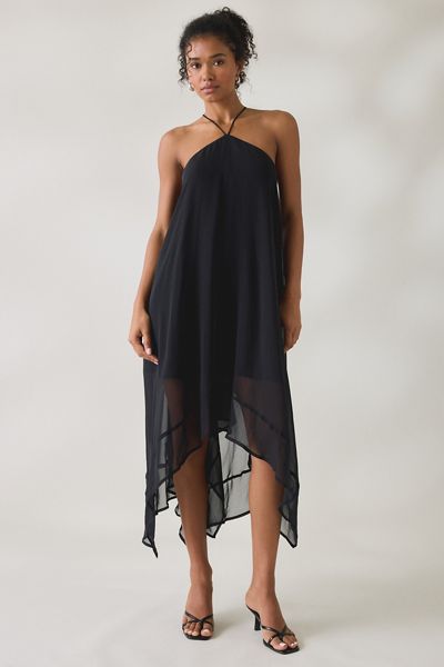 Lulus Chessie Y-Neck Halter Asymmetric Hanky Hem Midi Dress