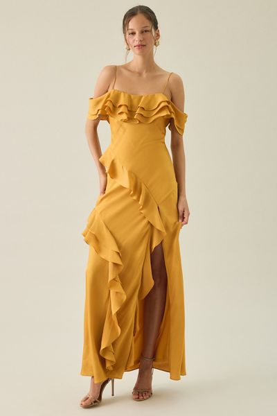 Lulus Aviva Asymmetric Cascading Ruffle Off-The-Shoulder Maxi Dress