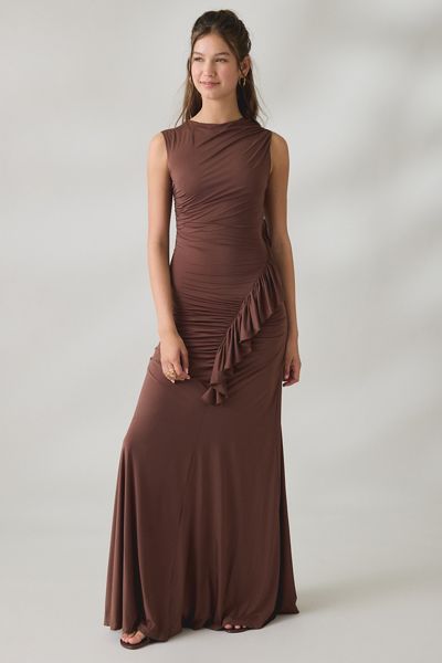 Lulus Rae Asymmetric Ruched Cascading Ruffle Maxi Dress