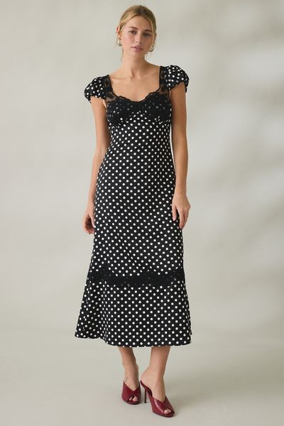 Lulus Clarke Polka Dot Lace Trim Slip Midi Dress