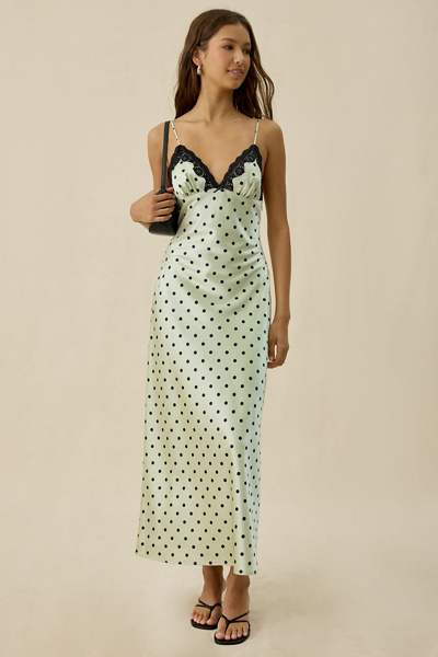 NIA Jasmine Polka Dot Satin Lace Trim Slip Maxi Dress | Urban