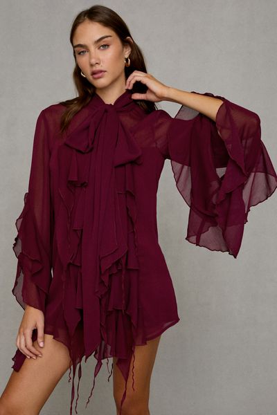 Bardot Alaia Cascading Ruffle Bell Sleeve Mini Dress
