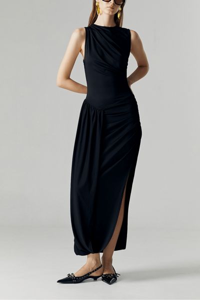 red asymmetrical dress zara Montaigne Ruffle Maxi Dress — Black Chiffon