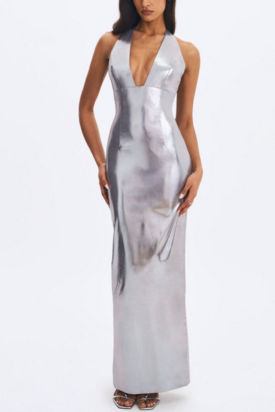 Miss Circle Valeska Foil Plunging Maxi Dress in Silver, Women’s at Urban Outfitters