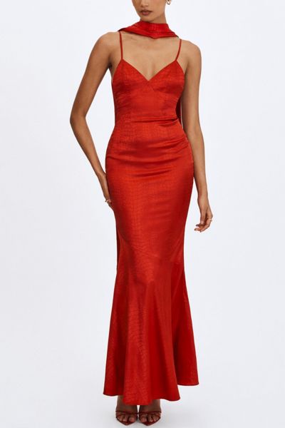urban outfitters red satin dress Urban Outfitters Red Mallory Cowl Neck Slip Dress