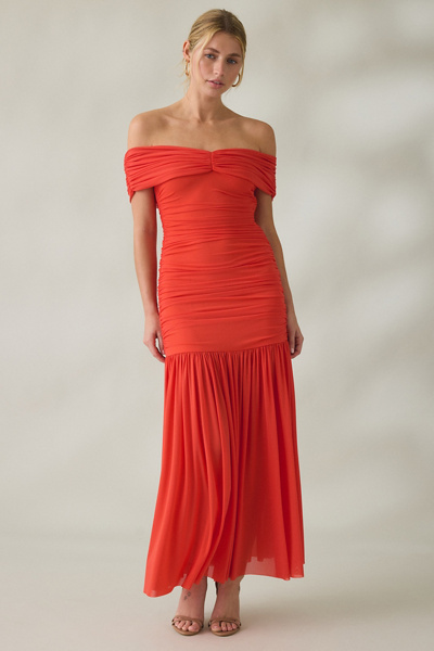 astr the label off the shoulder a-line dress Andreanna Ruched Off-The-Shoulder Maxi the brand has stood wedding dresses near me Dress length Guide ✨ Primary color:Navy