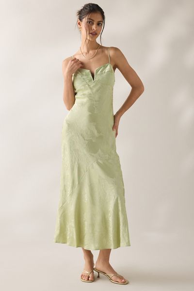 light green velvet dress BABARONI V-neck Ruffled Bodice Max Velvet Dresses With Silt Olive Green, Olive Green / US0