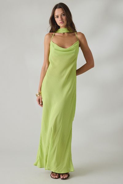 AFRM Cheryl Lime Pin Dot Scarf Detail Open-Back Maxi Dress