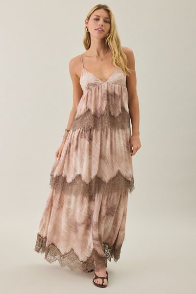 AFRM Murray Dune Snake Tiered Lace Trim Maxi Dress