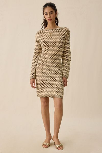 AFRM Samantha Dune Stripe Long Sleeve Crochet Mini Dress