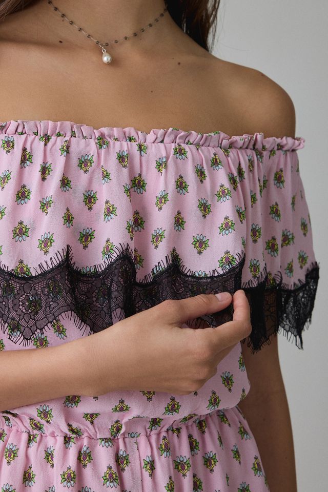 AFRM Emun Lace Trim Ruffle Off-The-Shoulder Romper #1