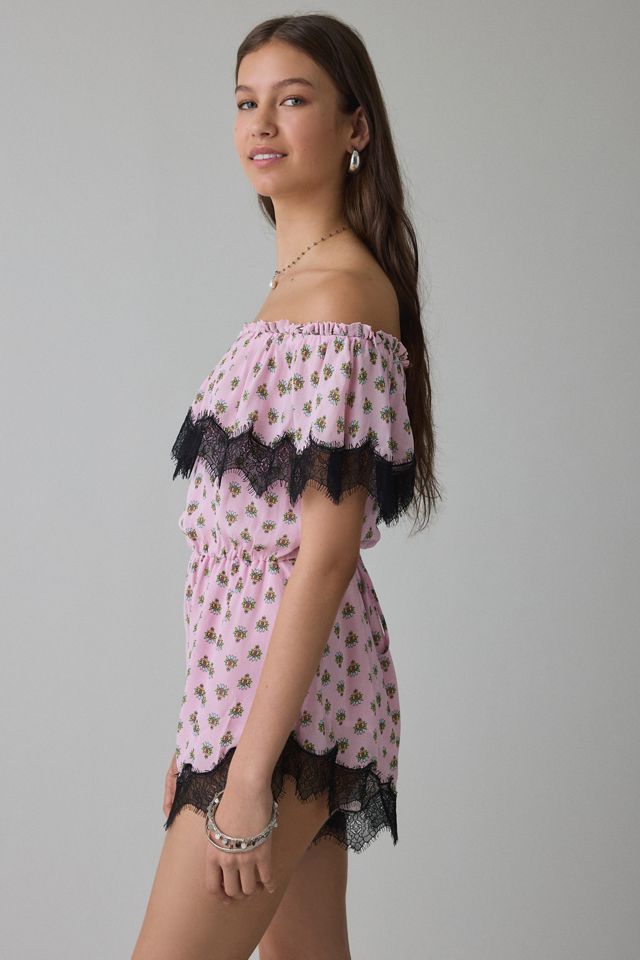 AFRM Emun Lace Trim Ruffle Off-The-Shoulder Romper #2